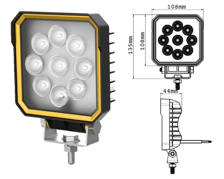 Square 27 W LED work light, 9-32 V, 2,430 lm
